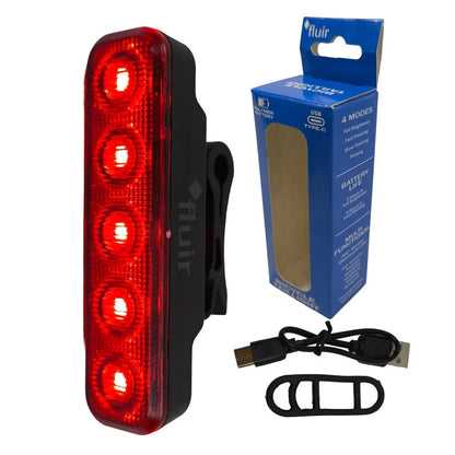 Fluir Bicycle Taillight – USB-C Rechargeable – 5 LED with 4 Flash Modes & 360 degree Clip Mount