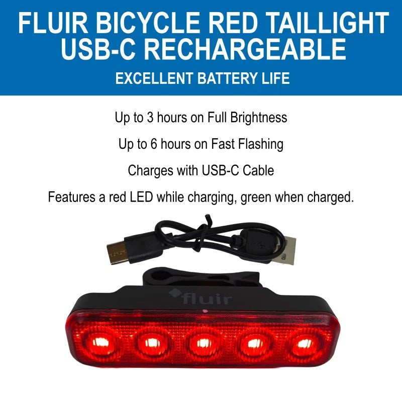 Fluir Bicycle Taillight – USB-C Rechargeable – 5 LED with 4 Flash Modes & 360 degree Clip Mount